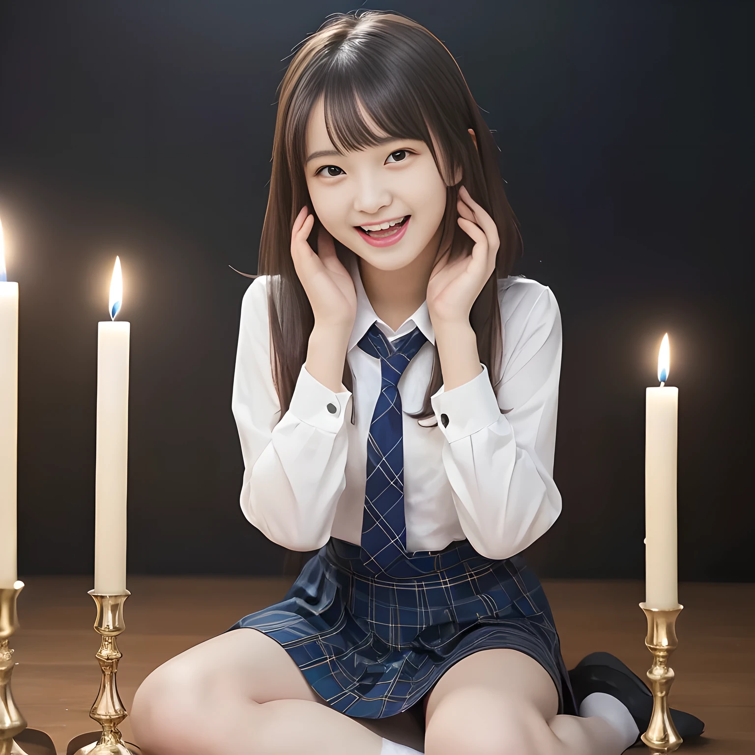 (highest quality, masterpiece:1.2), highest quality, High resolution, 1080P, 8K, Height: 158cm, ((A noble and intelligent girl like Japanese cute girly lady is hypnotizing and giggling, A very sweet, very noble, pretty and neat Japanese beautiful cute girl. Realistic very girly sweet cute noble girl like a princess is seated in many evil candles)), ((Completely black room with candles)), ((((, popular Japanese cute fashion model)))), ((((Extremely pure white face and hands and legs)))), Glossy lips, (Evenly cut bangs), ((Very beautifully laughing brown drooping gooey cute neat noble eyes)), ((straight black very very long straight hair)), Very lustrous, glossy lips, Open hand over open mouth, Beautiful straight hair like a hair model, Watching the viewer and laughing, ((Incredibly well organized, The expression is rich. plump and beautiful white skin and face)), ((Pure and clear sweetly smiling eyes)), ((smiling at me)), Glossy Lips, ((noble and neat)), ((Like a succubus is fascinating with magic and giggling)), ((((A succubus is fascinating and calling to the deeper place forever)))), Extremely beautiful blue skirt, ((highly up-curved lips)), ((looking at the viewer directly)), white hands, ((Navy Japanese school blazer, Navy and sapphire blue Japanese school uniform tartan checkered pleated long skirt, Blue string ribbon tie)), ((((An ecstatic face expression of boundless joy)))), ((black background))