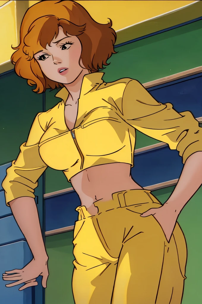 April o'neil with a bare midriff wearing a crop top of her yellow jumpsuit