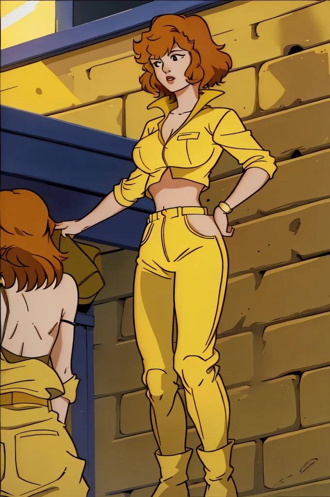 April o'neil with a bare midriff wearing a crop top of her yellow jumpsuit