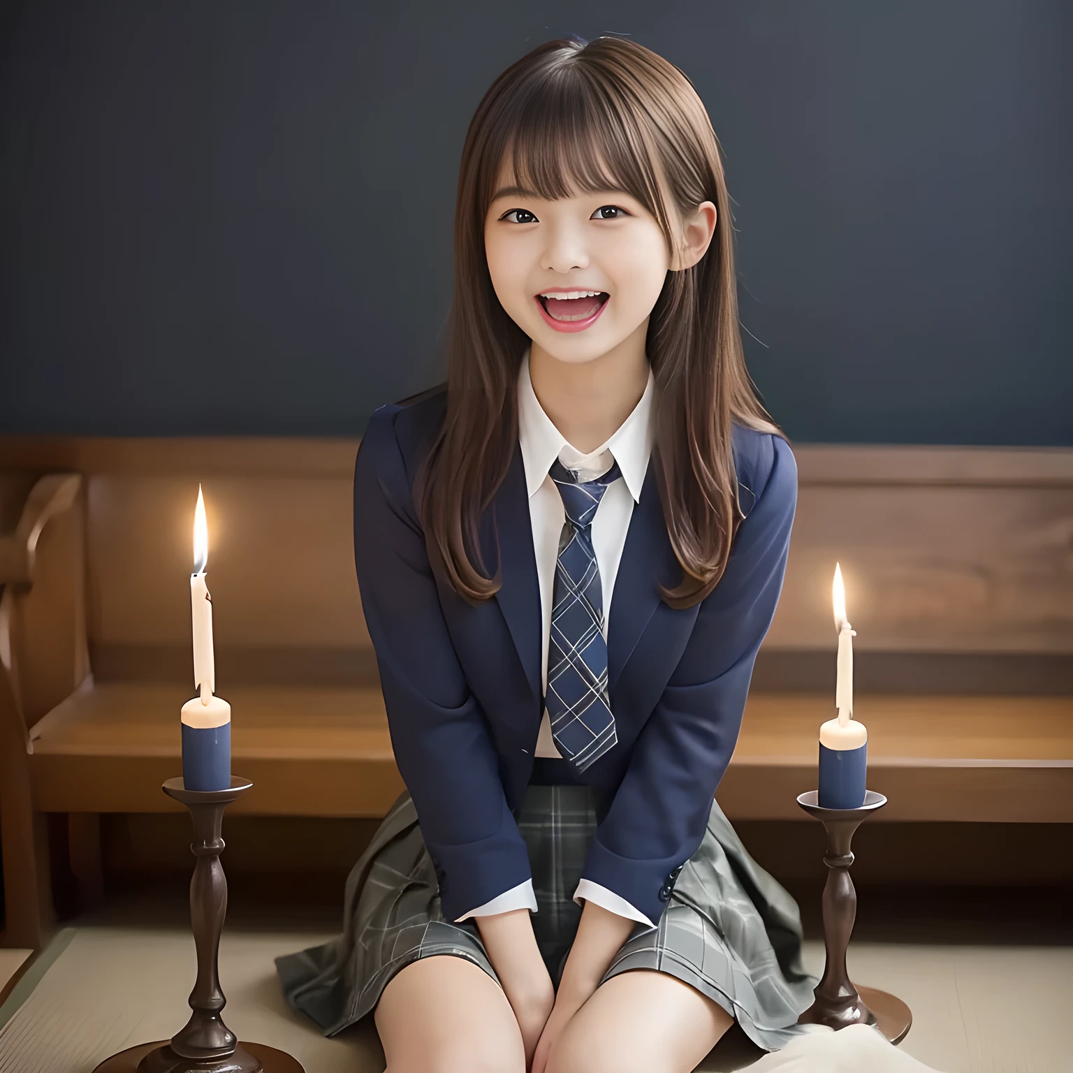 (highest quality, masterpiece:1.2), highest quality, High resolution, 1080P, 8K, Height: 158cm, ((A noble and intelligent girl like Japanese cute girly lady is hypnotizing and giggling, A very sweet, very noble, pretty and neat Japanese beautiful cute girl. Realistic very girly sweet cute noble girl like a princess is seated in many evil candles)), ((Completely black room with candles)), ((((14 years old, popular Japanese cute fashion model)))), ((((Extremely pure white face and hands and legs)))), Glossy lips, (Evenly cut bangs), ((Very beautifully laughing brown drooping gooey cute neat noble eyes)), ((straight black very very long straight hair)), Very lustrous, glossy lips, Open hand over open mouth, Beautiful straight hair like a hair model, Watching the viewer and laughing, ((Incredibly well organized, The expression is rich. plump and beautiful white skin and face)), ((Pure and clear sweetly smiling eyes)), ((smiling at me)), Glossy Lips, ((noble and neat)), ((Like a succubus is fascinating with magic and giggling)), ((((A succubus is fascinating and calling to the deeper place forever)))), Extremely beautiful blue skirt, ((highly up-curved lips)), ((looking at the viewer directly)), white hands, ((Navy Japanese school blazer, Navy and sapphire blue Japanese school uniform tartan checkered pleated long skirt, Blue string ribbon tie)), ((((An ecstatic face expression of boundless joy)))), ((black background))