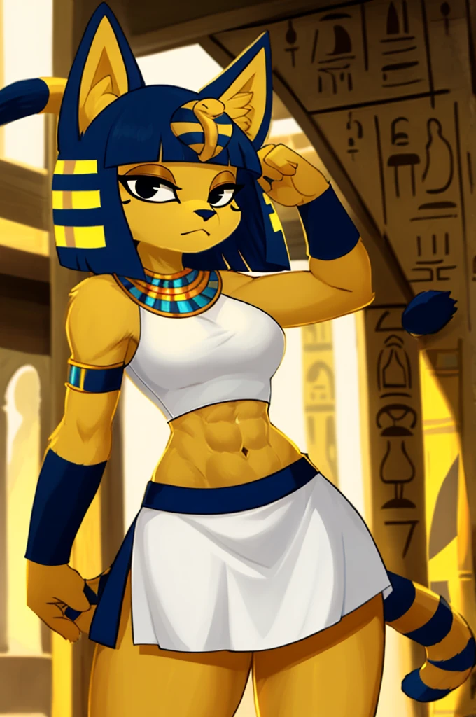 ((best quality)), ((masterpiece)), (detailed), a digital artwork of ankha with abs wearing a crop top of her white sleeveless dress with white long dress skirt, a bare midriff and a bare navel, Egyptian setting, tail, blue Egyptian handbands, furry, anthro style, 2d style