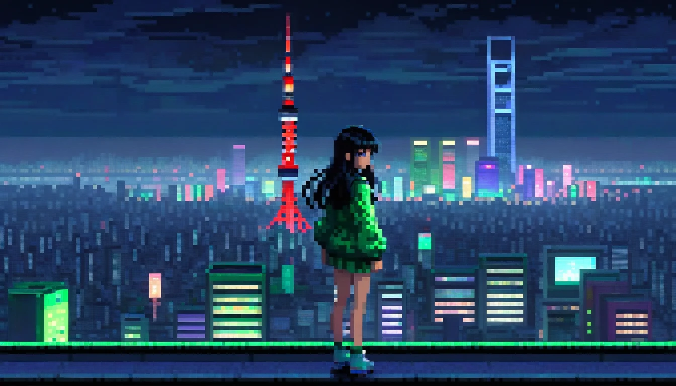 pixel, 16-bit Style, pixel art, Nintendo game scene, Cool colors, green,Tokyo at night in the background, Skyscraper, Skyline, Modern, Colorful lights, Tokyo Night, dark, A girl in the foreground, whole body, Latin woman with long black hair and bangs, dark eyes, depth of image