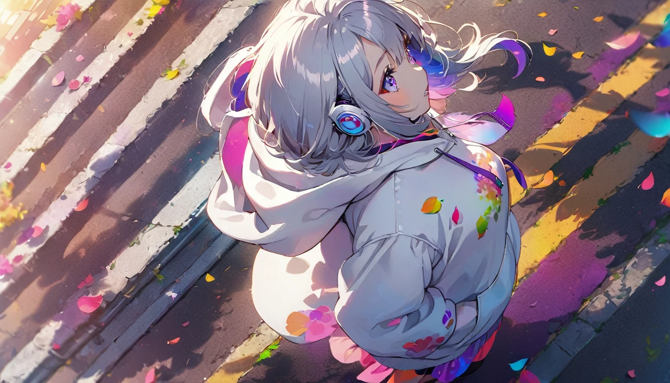 ((Masterpiece)), ((best quality)), (Anime:1.3), (super detail:1.2), (High Definition:1.3), (Professional Photography:1.3), cute young Girl, (Gazing into the distance:2), (Gazing skyward:2), (Her not looking at camera), Glossy unruly hair, (loose swept bangs), (silver ash hair), medium hair, big eyes, (Eye bags:1.3), (Long eyelashes), colorful eyes, (frown), Glossy lips, (jagged teeth), ((white hoodie with oversized)), barearms, cute, (hands in pocket), (colorful:1.3), gothic makeup, (walking around the City), colorful petals dance around her, beautiful sunset, wearing headphones, (shoot from side), (from above:1.8),
