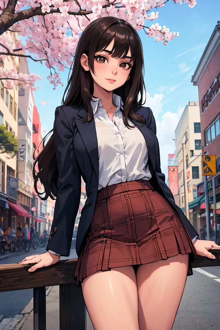 (best quality, ultra detailed, absolutely resolution:1.3), realistic, detailed cute face, detailed big eyes, detailed hair, detailed clothes, detailed realistic background, happy expression,
BREAK (age girl:1.3), cheerful, solo, brown long hair, bangs, , blazer, plaid miniskirt, standing, medium breasts, thigh, fair skin, outdoors, downtown, cherry blossoms,