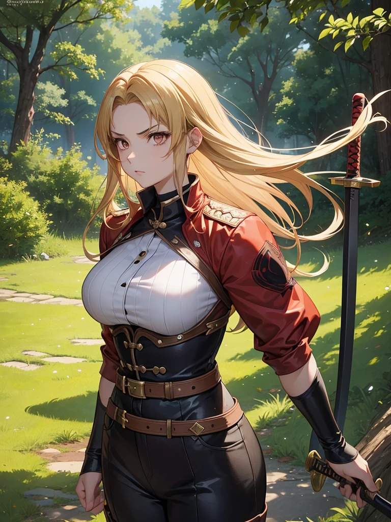 A woman with short brown hair and a mix of blonde and brown eyes. She wears the demon slayer standard corps uniform. She has a red haori with a pattern on it. She's a demon slayer character. 21 year old woman. She wears hair with bangs because she has a large plus-shaped scar in the middle of her forehead. Elegant. Serious. Kind. Demon slayer art style. She is now in a peaceful and daytime forest. She has a katana sword. She's so beautiful. She shines like a diamond. Demon slayer art. Anime.