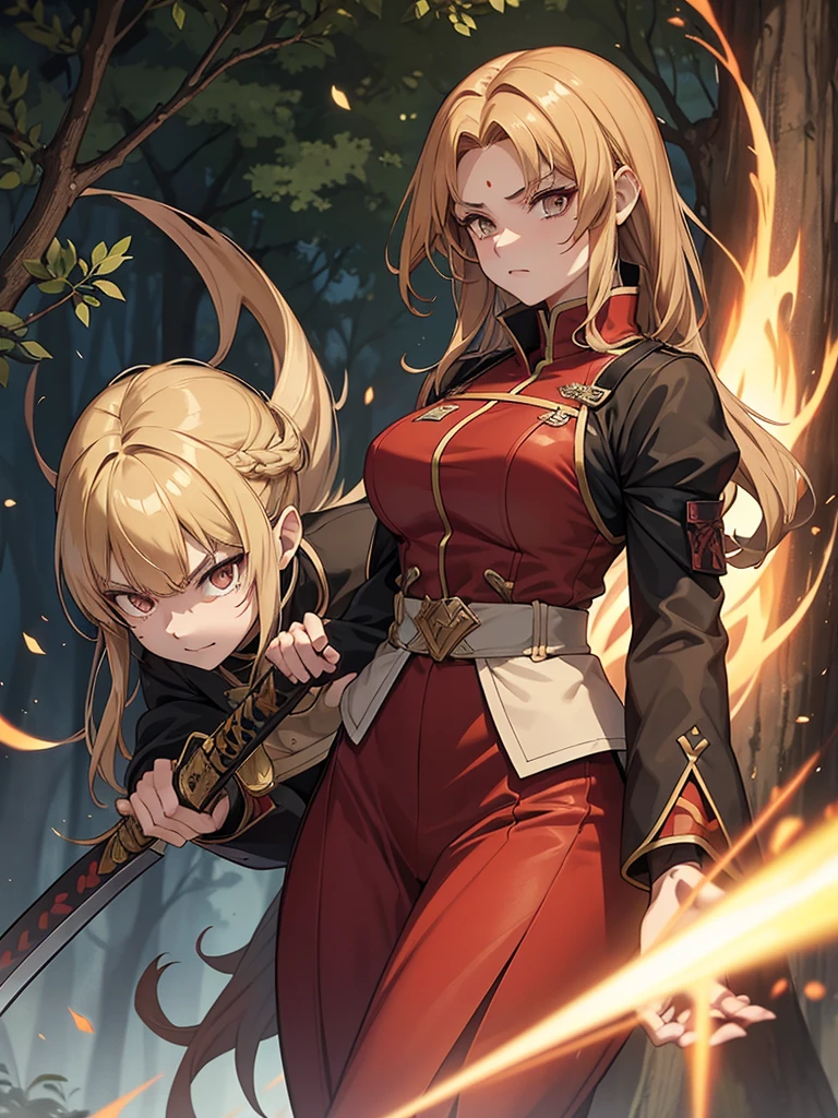 A woman with short brown hair and a mix of blonde and brown eyes. She wears the demon slayer standard corps uniform. She has a red haori with a pattern on it. She's a demon slayer character. 21 year old woman. She wears hair with bangs because she has a large plus-shaped scar in the middle of her forehead. Elegant. Serious. Kind. Demon slayer art style. She is now in a peaceful and daytime forest. She has a katana sword. She's so beautiful. She shines like a diamond. Demon slayer art. Anime.