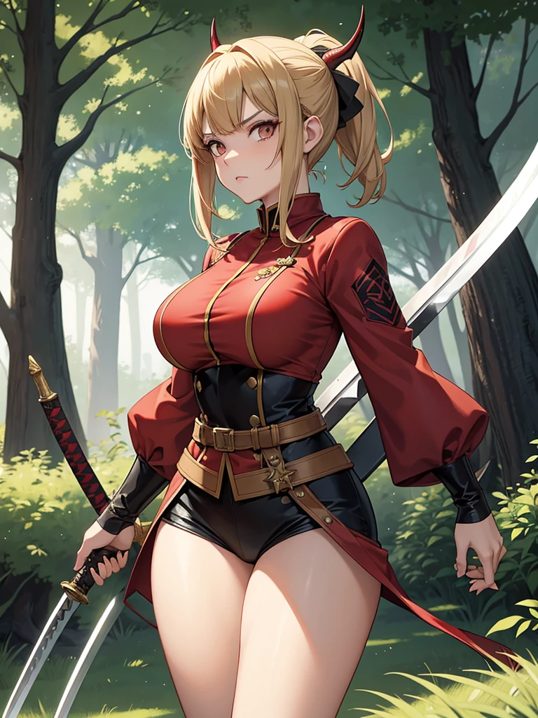A woman with short brown hair and a mix of blonde and brown eyes. She wears the demon slayer standard corps uniform. She has a red haori with a pattern on it. She's a demon slayer character. 21 year old woman. She wears hair with bangs because she has a large plus-shaped scar in the middle of her forehead. Elegant. Serious. Kind. Demon slayer art style. She is now in a peaceful and daytime forest. She has a katana sword. She's so beautiful. She shines like a diamond. Demon slayer art. Anime.