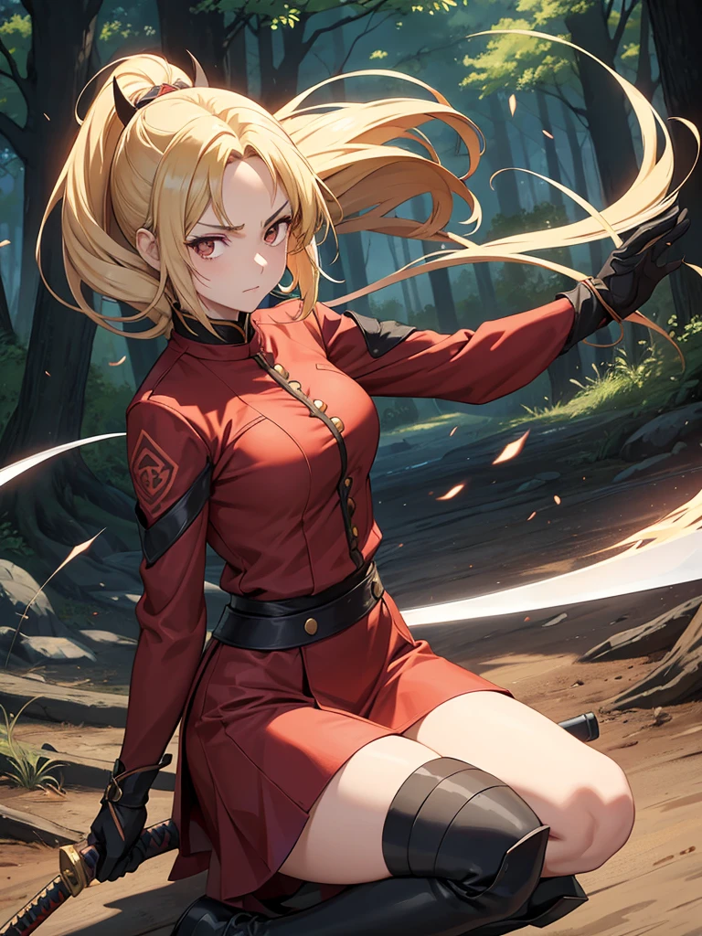 A woman with short brown hair and a mix of blonde and brown eyes. She wears the demon slayer standard corps uniform. She has a red haori with a pattern on it. She's a demon slayer character. 21 year old woman. She wears hair with bangs because she has a large plus-shaped scar in the middle of her forehead. Elegant. Serious. Kind. Demon slayer art style. She is now in a peaceful and daytime forest. She has a katana sword. She's so beautiful. She shines like a diamond. Demon slayer art. Anime.