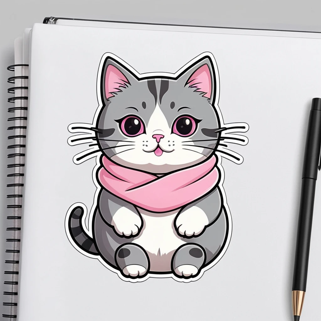 Clothing sticker design, cartoon cat, cat sticker, A high resolution, high detail, cartoon style, color gray and pink, enjoying summer, summer vibes