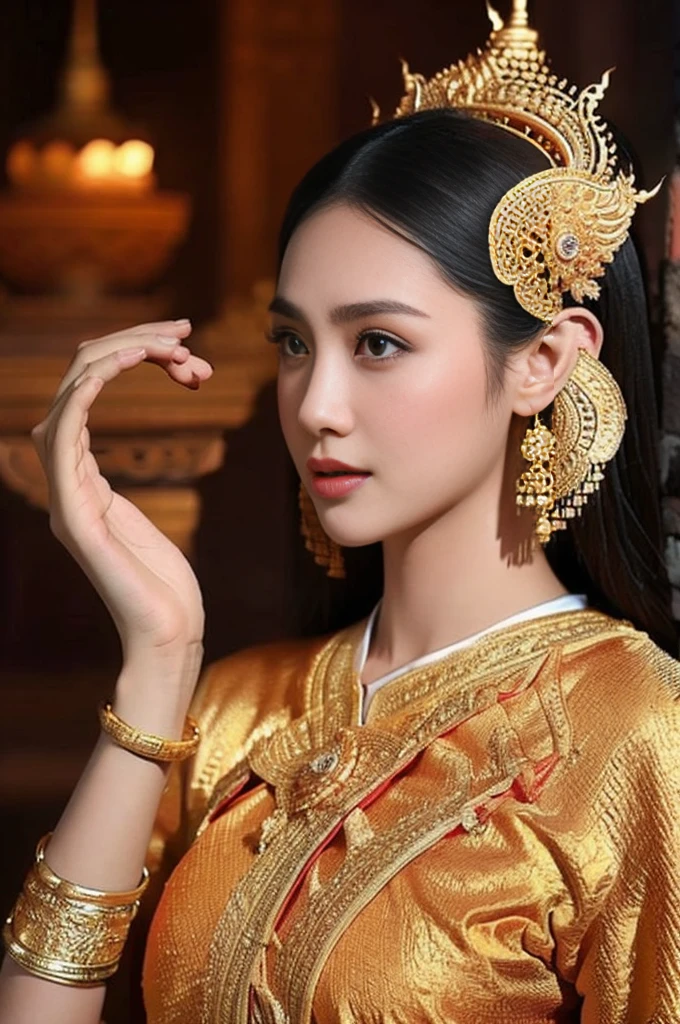 beautiful girl ,Thai Women&#39;s Warriors, walking at thai measure, dynamic poses, Thai Chut Set, Strapless shirt, long ponytail,black eyes,abdominal muscles, plump body, rounded breast, (big breast:1.3), rift, morning sun, staring at the audience, (sexy poses), ((face details)), Double eyelids, finished, realistic, Masterpiece, Highest quality, lens flare, shade, old measure, measure, [[Chromatic aberration]], By Jeremy Lipking, By Antonio J.. Manzanedo, digital painting, HDR, high contrast
