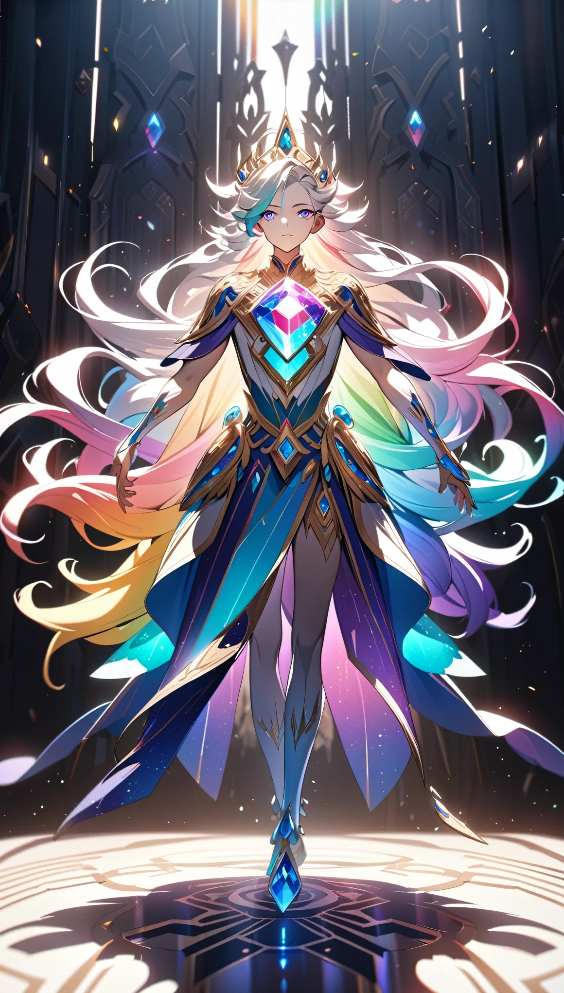 1boy, solo, young adult, character is a boy, a full body image of a regal and intimidating yet kind version of rainbow quartz from steven universe:future, highly detailed, extremely detailed face and eyes, flawless skin, elegant and graceful pose, flowing hair, intricate details, ethereal glow, glowing gemstone, dramatic lighting, cinematic atmosphere, vibrant colors, jewel-toned palette, digital art, octane render, high quality, 8k, masterpiece