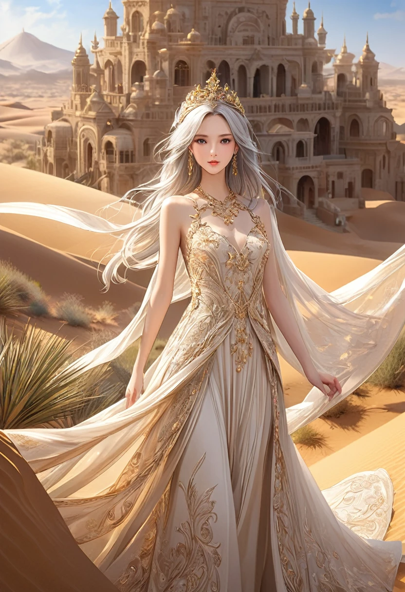 A charming and beautiful princess wearing a beige dress and a golden tiara with long hair is standing in front of a desert oasis in the desert,Silver hair swaying in the wind,
Beige dress with gold thread decoration, flowing fabric and rich details, Sophisticated and elegant jewelry, , Delicate and luxurious art masterpiece beautiful, Intricate details Delicate and dynamic depictions of magical atmosphere Aesthetic art Precisely detailed fantasy art Ultra-detailed,complicated,Film perspective,The use of light and shadow in CG art is bright, High-quality animation style presentation