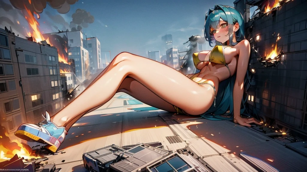 Giantess with firm , long sexy legs, yellow hair and in a bikini is lying on the ground, while the city at her feet burns in flames from the destruction she has caused, while tiny people climb on her body to have sex with her. Giantess, goddess, macrophilia, curvaceous body, hentai, fetish, sexy legs, bikini, high heels, high quality, tiny people, tiny people climbing
}