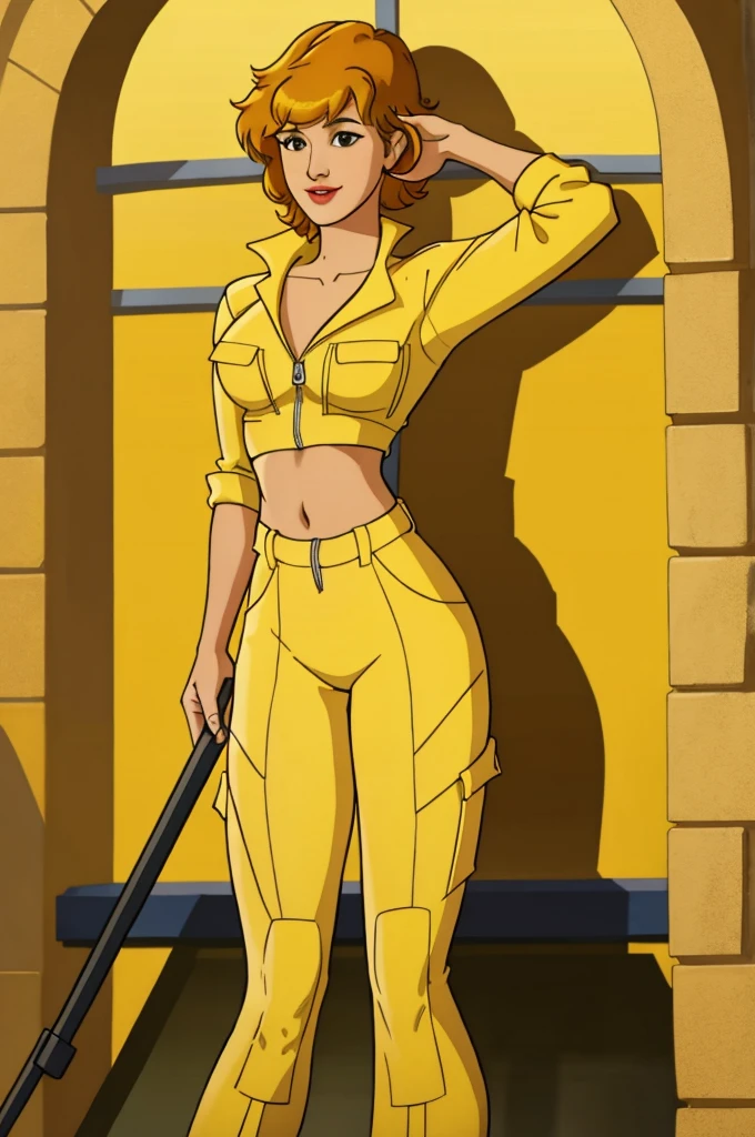 April o'neil with a bare midriff wearing a crop top of her yellow jumpsuit