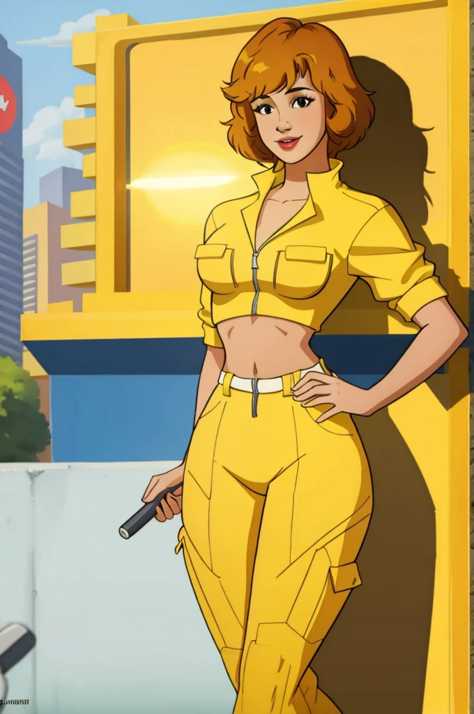April o'neil with a bare midriff wearing a crop top of her yellow jumpsuit