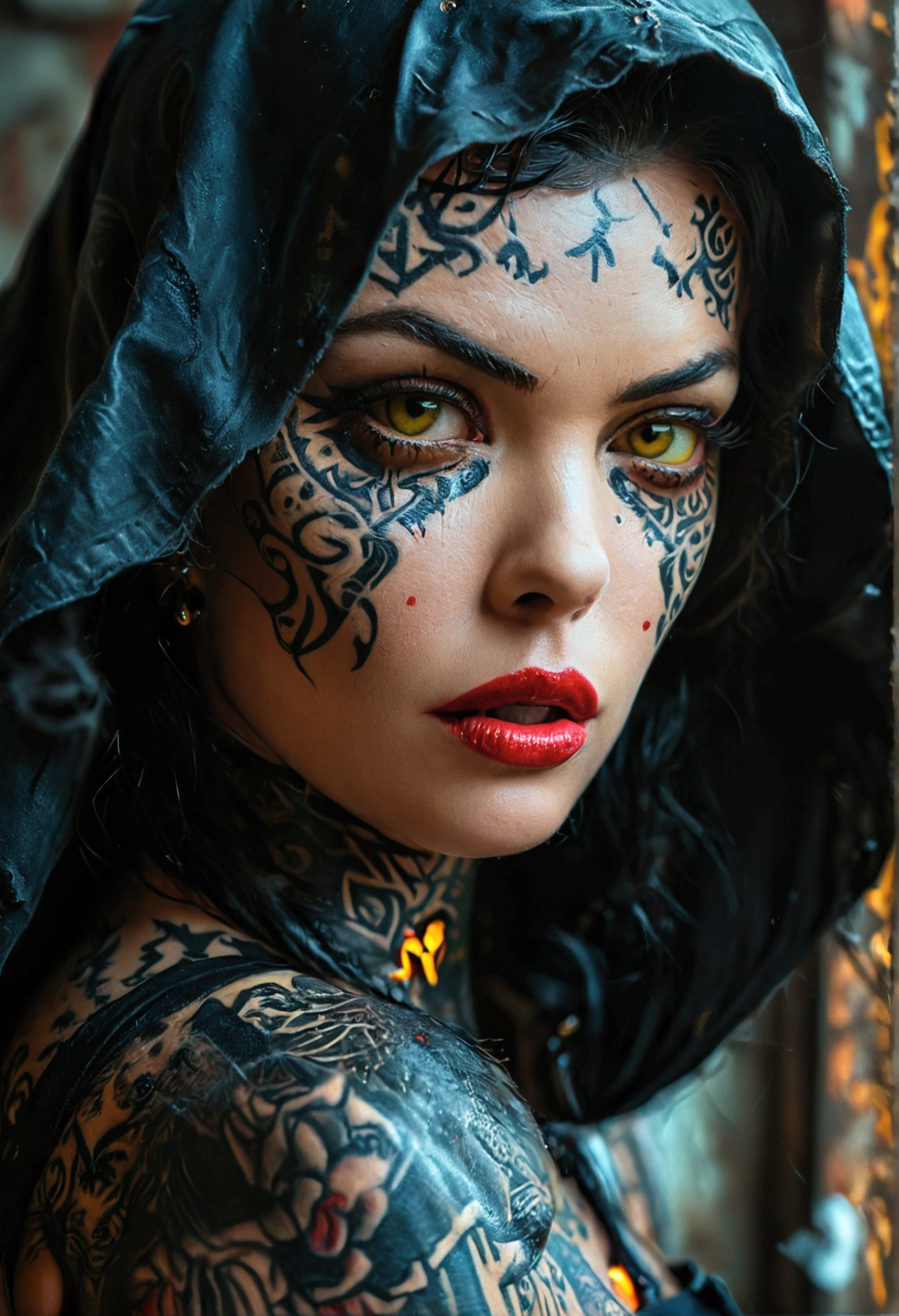 Jayne Mansfield, age 25, dark sith warrior, evil tattoos, yellow eyes, cybernetics, evil pose, full body portrait, (best quality,4k,8k,highres,masterpiece:1.2),ultra-detailed,(realistic,photorealistic,photo-realistic:1.37),cinematic lighting,dramatic lighting,chiaroscuro,dark moody atmosphere,sinister,menacing,evil,powerful,imposing,dramatic,epic
