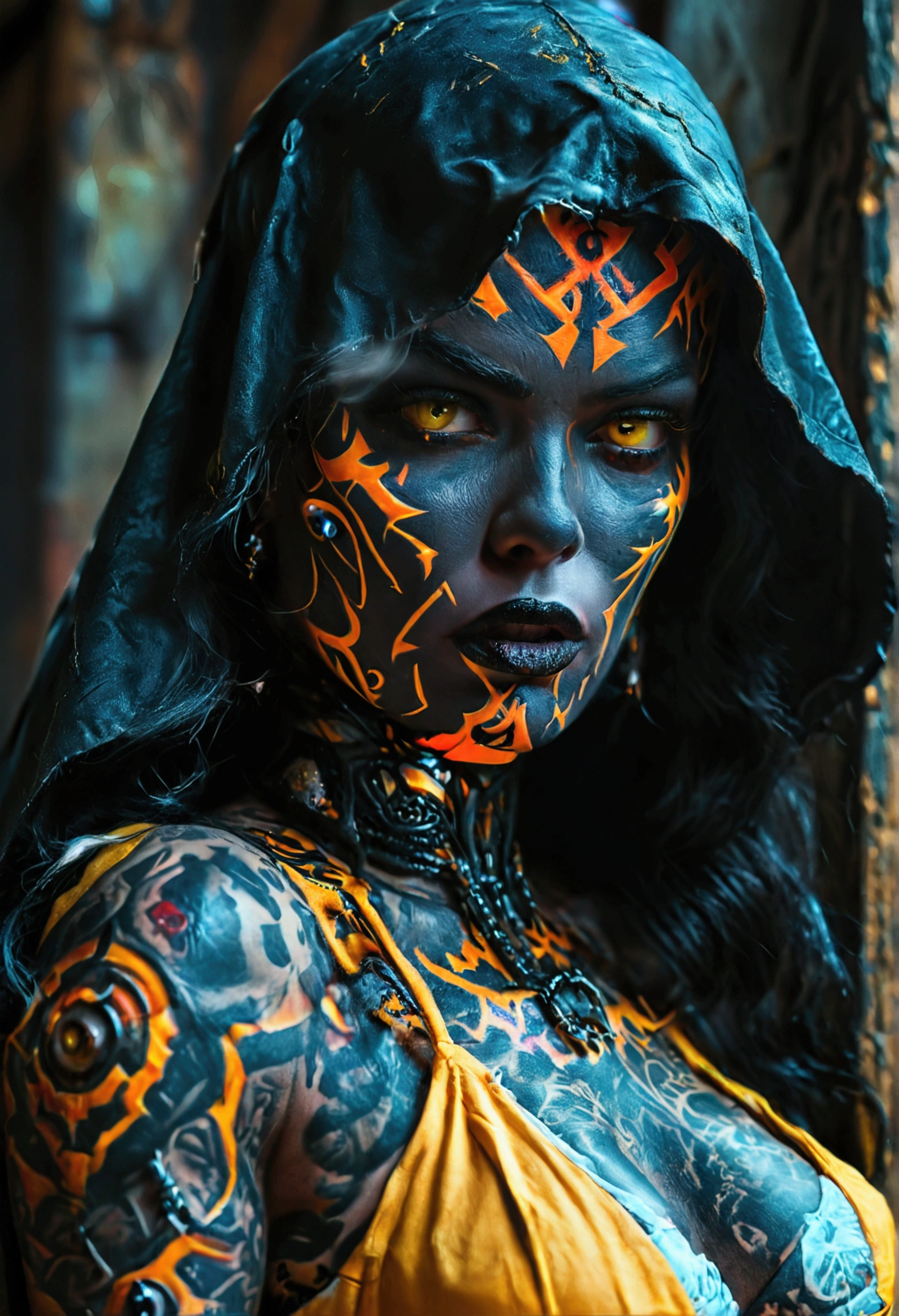 Jayne Mansfield, age 25, dark sith warrior, evil tattoos, yellow eyes, cybernetics, evil pose, full body portrait, (best quality,4k,8k,highres,masterpiece:1.2),ultra-detailed,(realistic,photorealistic,photo-realistic:1.37),cinematic lighting,dramatic lighting,chiaroscuro,dark moody atmosphere,sinister,menacing,evil,powerful,imposing,dramatic,epic