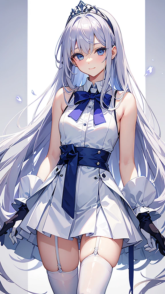 lilac、Straight hair down to the waist Blue Eyes A gentle smile White is the main color.々Blue、Sleeveless blazer Mainly white with blue lines、A very short mini skirt Long gloves in white White knee-high socks Silver tiara on head Glamorous busty 18 year old girl Height 164 cm Anime painting