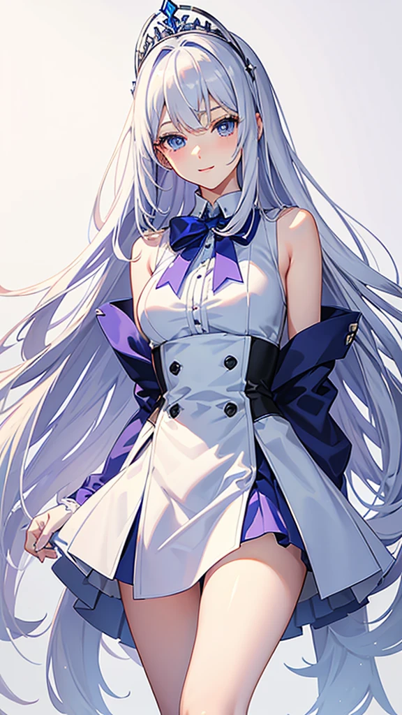 lilac、Straight hair down to the waist Blue Eyes A gentle smile White is the main color.々Blue、Sleeveless blazer Mainly white with blue lines、A very short mini skirt Long gloves in white White knee-high socks Silver tiara on head Glamorous busty 18 year old girl Height 164 cm Anime painting