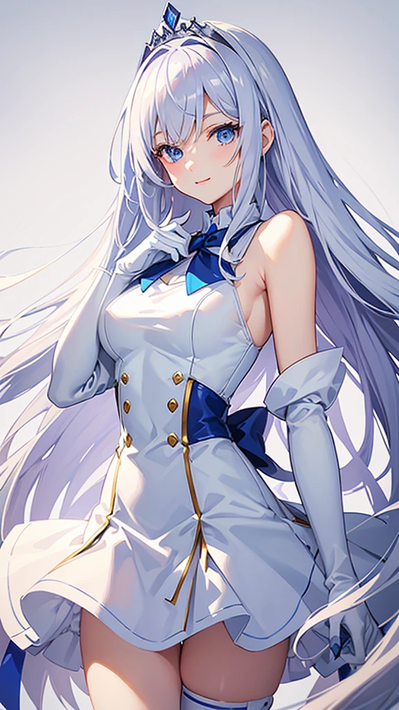 lilac、Straight hair down to the waist Blue Eyes A gentle smile White is the main color.々Blue、Sleeveless blazer Mainly white with blue lines、A very short mini skirt Long gloves in white White knee-high socks Silver tiara on head Glamorous busty 18 year old girl Height 164 cm Anime painting