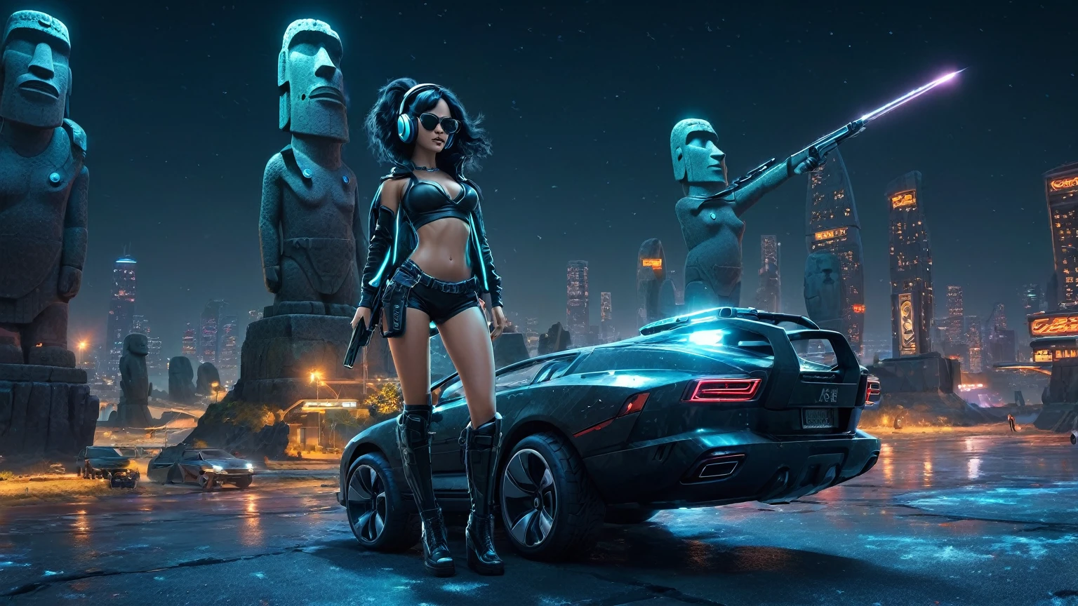 At night, dark sky, distant shot aerial view of fantasy cyberpunk style ice ((Moai-statue)) city, ((flying car)). ((1girl, solo, alone)), medium-breast:1.1 slim body, cleavage, sexy clothes, (headphone, black sunglasses, long black realistic hair), (((hip-up standing and holding pistol))), (((((half-body thigh level medium shot))))), cinematic lighting, lens flare, ray tracing.