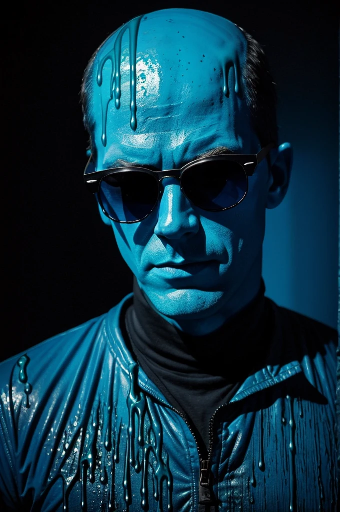 A blue man with sunglasses in the dark drippy make it look not si generated