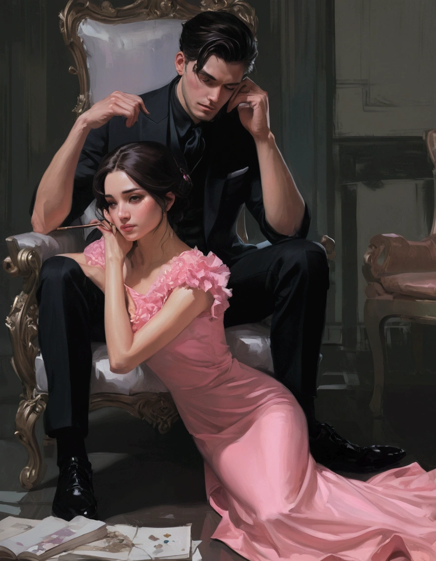 painting of a woman in a pink dress sitting next to a man in a black suit, in the art style of bowater, artwork in the style of guweiz, rob rey and kentarõ miura style, charlie bowater and artgeem, high quality fanart, romanticism art style, rob rey and kentarõ miura