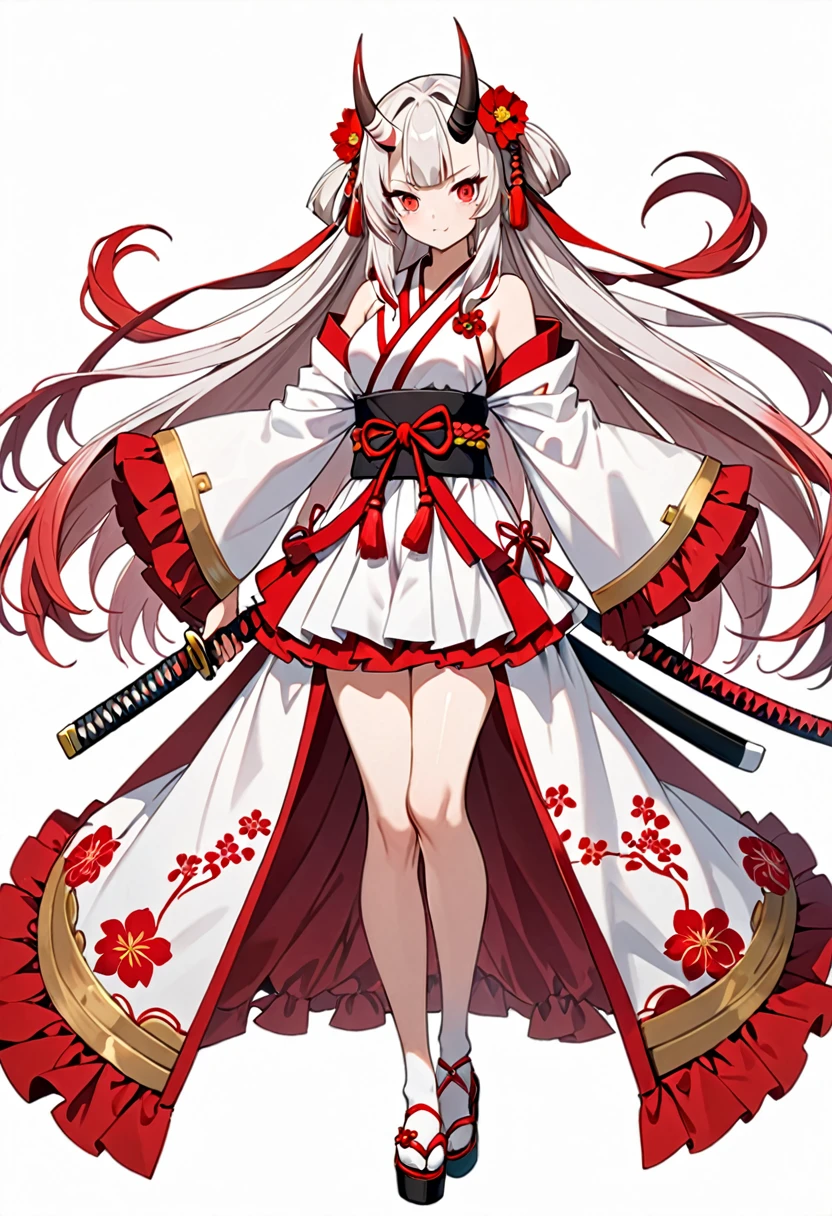 8K Ultra High-Quality, ultra-detailed, High quality, Nakiri Ayame, white oni horns, sheathed katana, white fancy dress with red flowers design, white background, full body