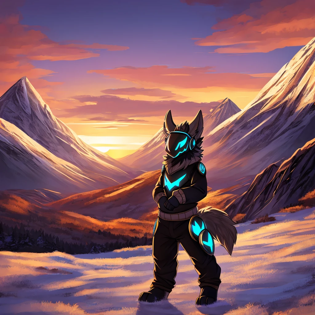 Hairy protogen with horns not so big or small on his head and smiling in a mountainous sunset and blue in color with black and white fur and with the body of a protogen with more vital parts and with a sweater and mountain pants being alone and its somewhat long tail