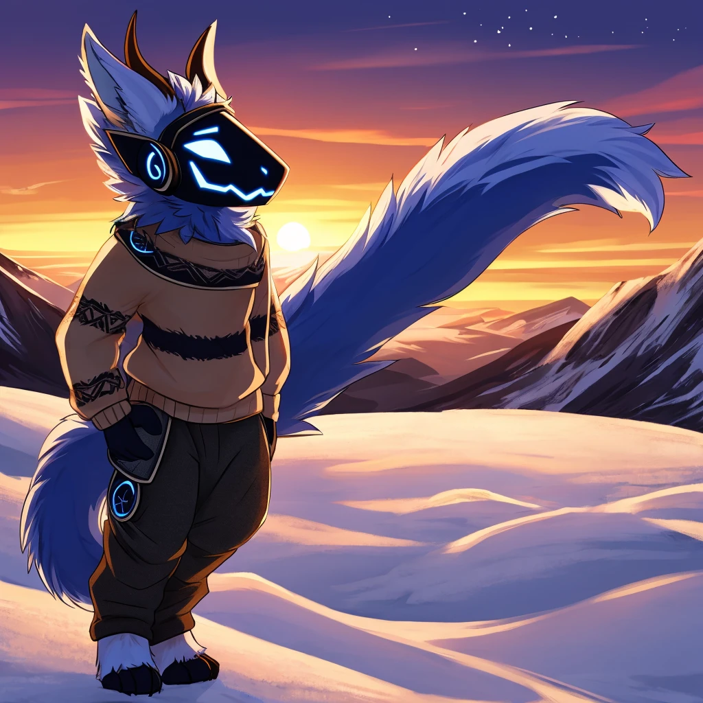 Hairy protogen with horns not so big or small on his head and smiling in a mountainous sunset and blue in color with black and white fur and with the body of a protogen with more vital parts and with a sweater and mountain pants being alone and its somewhat long tail