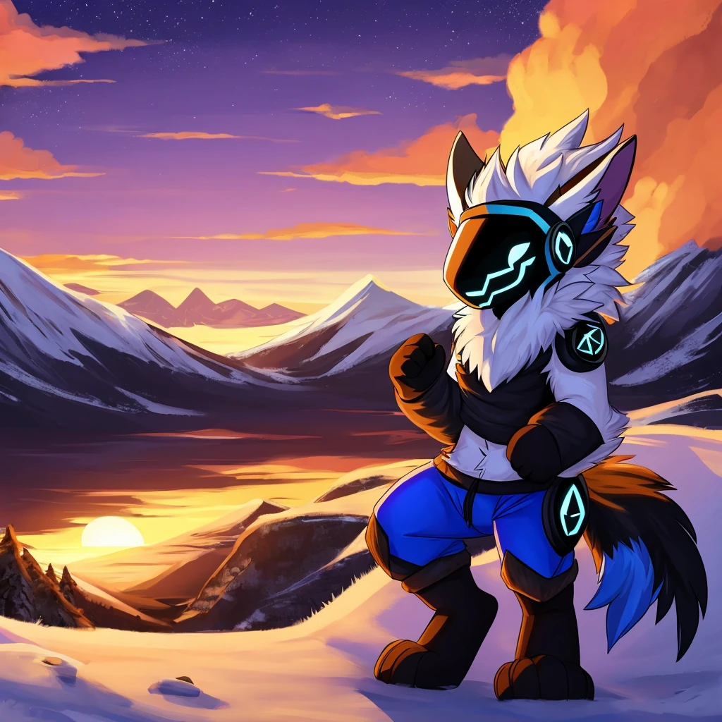 Hairy protogen with horns not so big or small on his head and smiling in a mountainous sunset and blue in color with black and white fur and with the body of a protogen with more vital parts and with a sweater and mountain pants being alone and its somewhat long tail