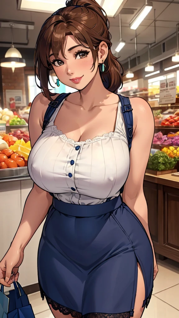 Female 26 years old，housewife，Sunlight，Smile，put on lipstick，Light brown curly short hair，A ponytail on the left，Aqua blue suspender skirt，Slightly plump，huge firm breasts，market shopping，Wearing a watch on the right hand，half moon earrings，Lace