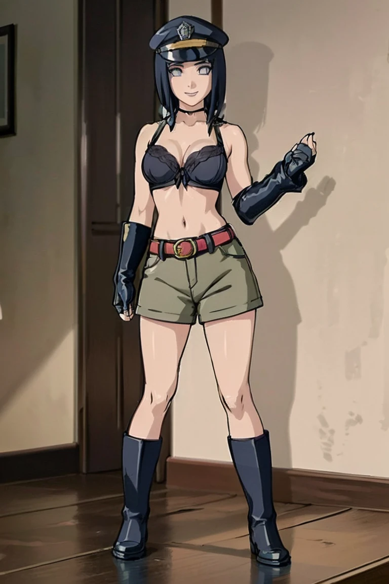 (1girl, solo, (masterpiece:1.2), best quality, , Midriffs, black Police peaked cap, , front-tie bra, white hair, single braid , Blue eyes, Black High-waist shorts, red belt, Black fingerless gloves, black Calf boots, ((perfect female figure)), seductive posture, sexy pose, ,Hinata hyuga , smile