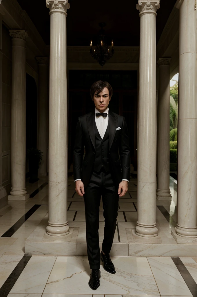 Damon Salvatore stands in front of a grand luxury mansion, wearing a sharp tailored suit. His expression is stern and commanding as he surveys his surroundings, a symbol of his power and influence. The mansion's opulence, with its marble columns and lush gardens, underscores his status.