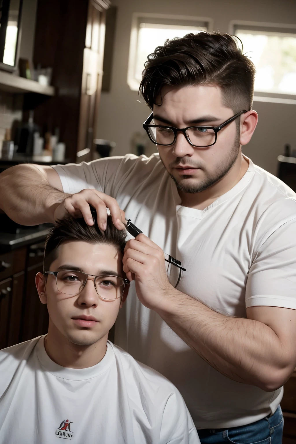 Chubby unshaven barber with glasses cutting a client's hair
