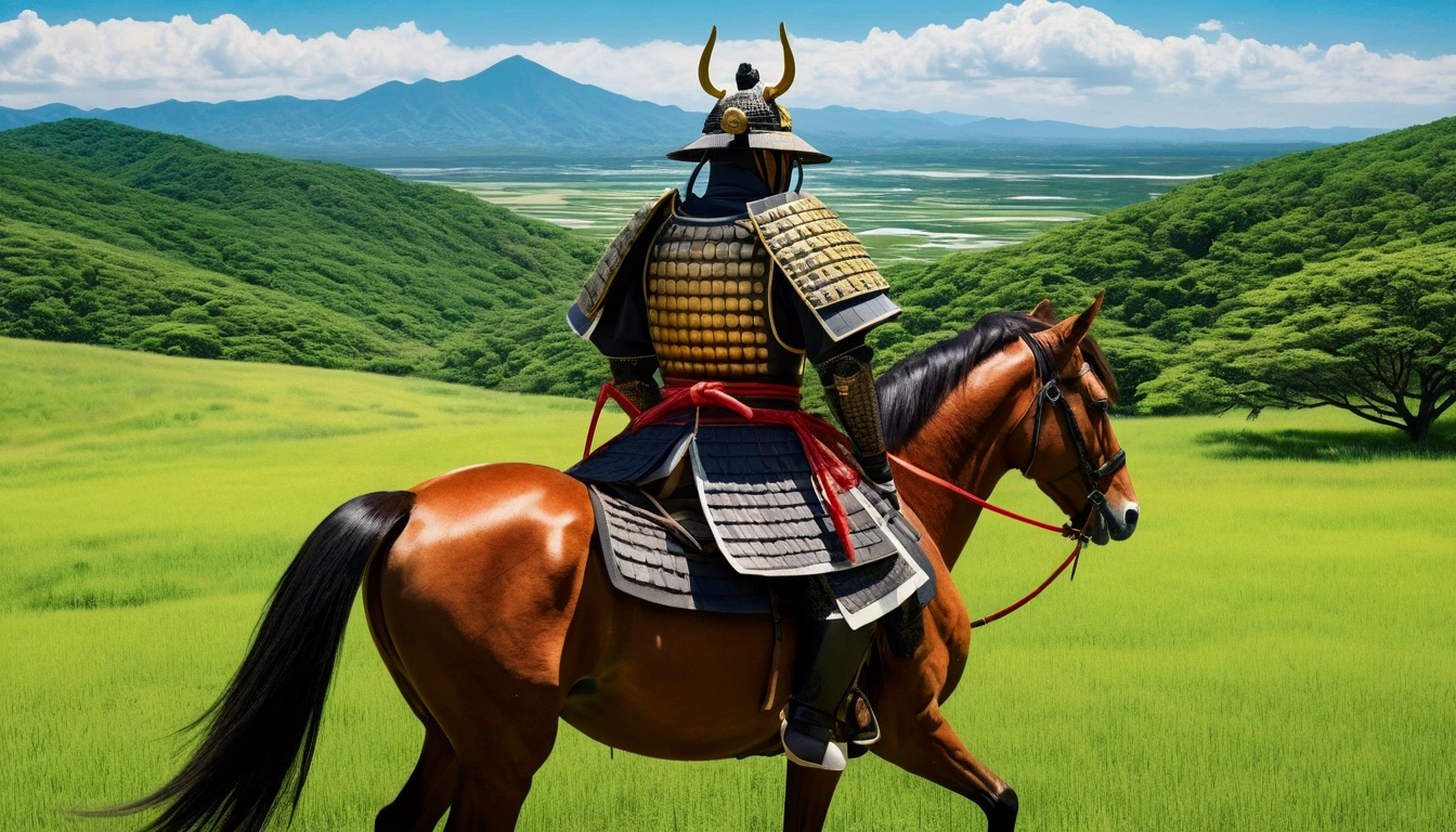 Manga style,Illustrated style,Traditional Japanese samurai armor,Back view,Japanese Landscape,Summer steppe,Fresh greenery,A warrior riding a horse,Vibrant colors,Serene atmosphere
