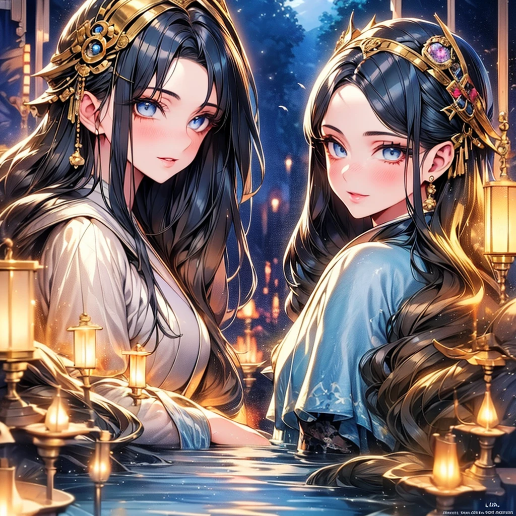 1girl, looking at the viewer, water, pond, lake, shrine, koi, beautiful detailed eyes, beautiful detailed lips, extremely detailed face and eyes, long eyelashes, elegant kimono, serene expression, tranquil atmosphere, photorealistic, 8k, ultra-detailed, masterpiece, professional, vibrant colors, natural lighting, landscape painting