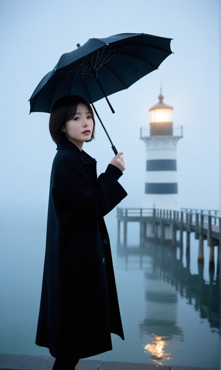 beautiful korean girl, short medium hair, Black coat, 멀리 Fog속 lighthouse, black umbrella, cool,rain,blur,Fog,middle,cool,boring,,pier,only,lighthouse,Coast, The dim light shines in the Fog,and the figure stands in the Fog holding an umbrel