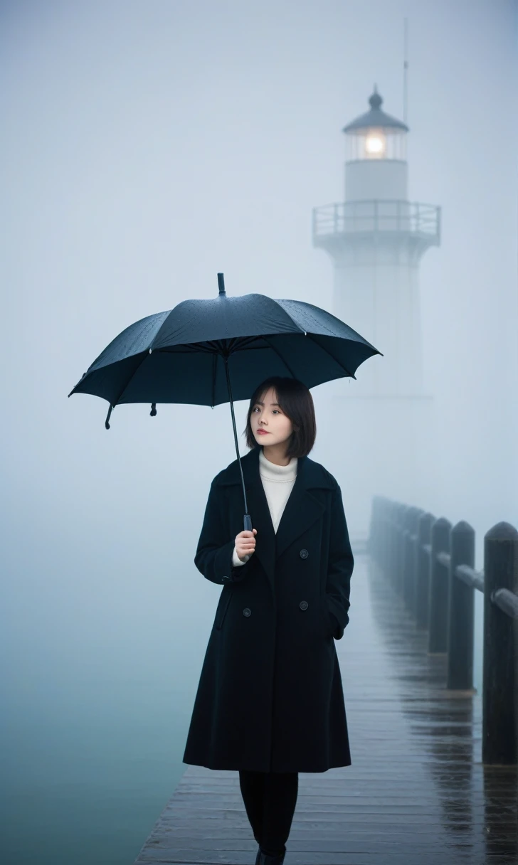 beautiful korean girl, short medium hair, Black coat, 멀리 Fog속 lighthouse, black umbrella, cool,rain,blur,Fog,middle,cool,boring,,pier,only,lighthouse,Coast, The dim light shines in the Fog,and the figure stands in the Fog holding an umbrel