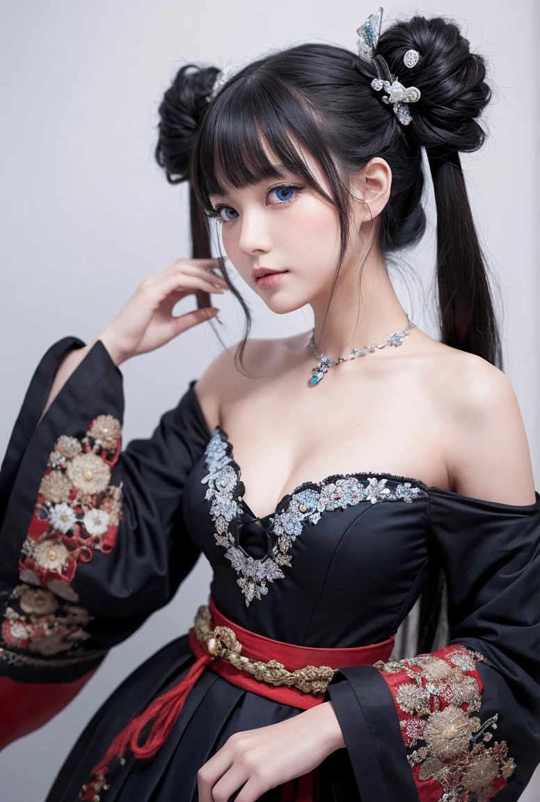 A close-up portrait of a young woman with mesmerizing features, surrounded by whimsical twintails styled in Ainu-inspired traditional attire merged with Gothic fashion. She poses mid-flight, décolletage softly lit against a crisp white background. The intricate embroidery on her floor-length ball gown subtly catches the eye, as piercing blue eyes and impressive breasts command attention.30old ltaex shiny shiny