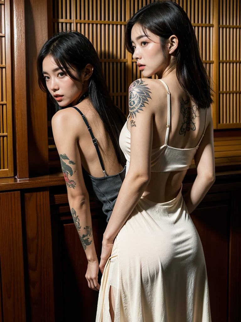 Japanese 20 years old , a baby face , cute big breasts , Japanese mafia , Japanese yakuza , Sleeveless , Slip dress , dragon tattoo , tattooed back , tattoo all over body, looking back