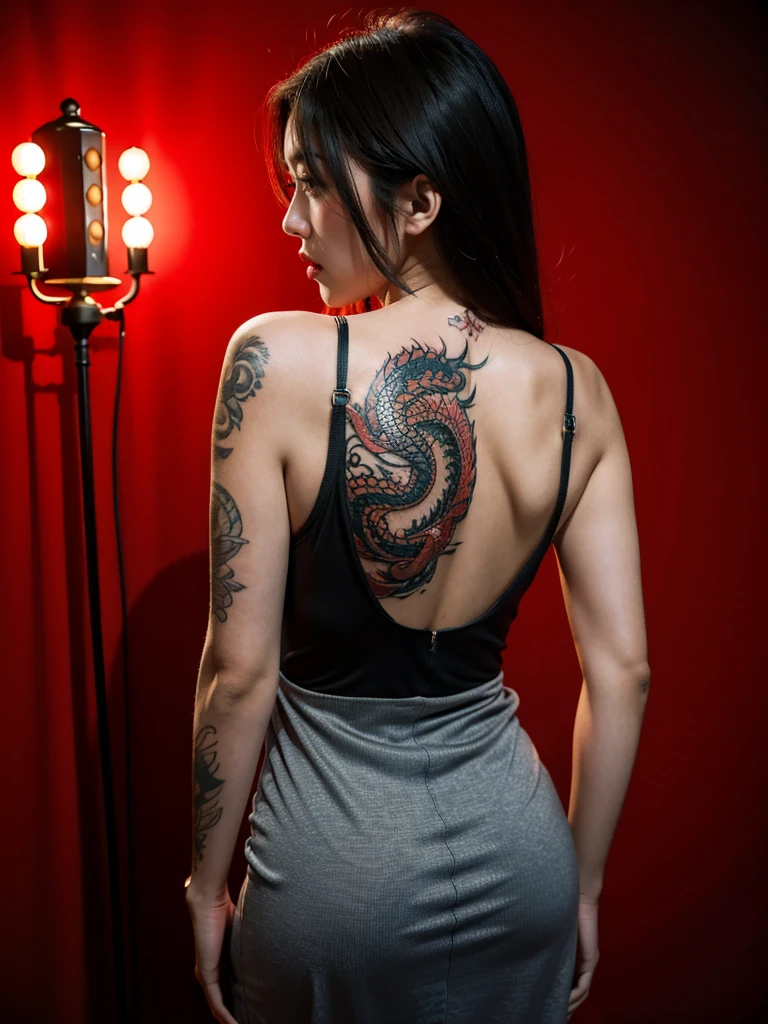 Japanese 20 years old , a baby face , cute big breasts , Japanese mafia , Japanese yakuza , Sleeveless , Slip dress , dragon tattoo , tattooed back , tattoo all over body, looking back