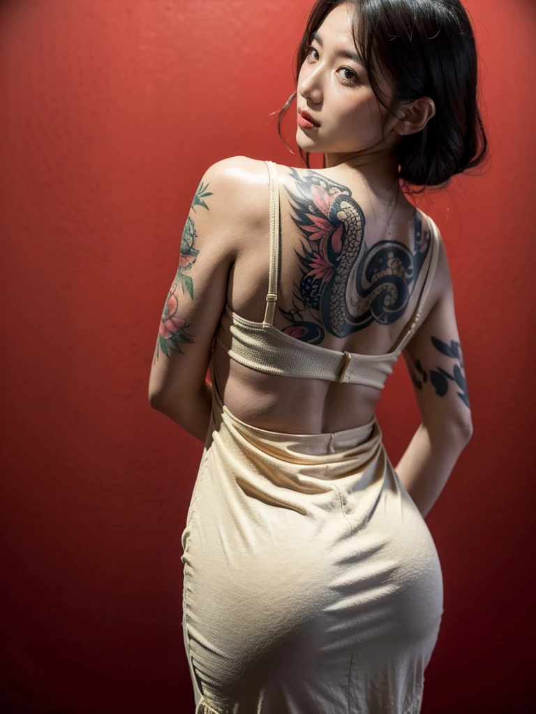 Japanese 20 years old , a baby face , cute big breasts , Japanese mafia , Japanese yakuza , Sleeveless , Slip dress , dragon tattoo , tattooed back , tattoo all over body, looking back