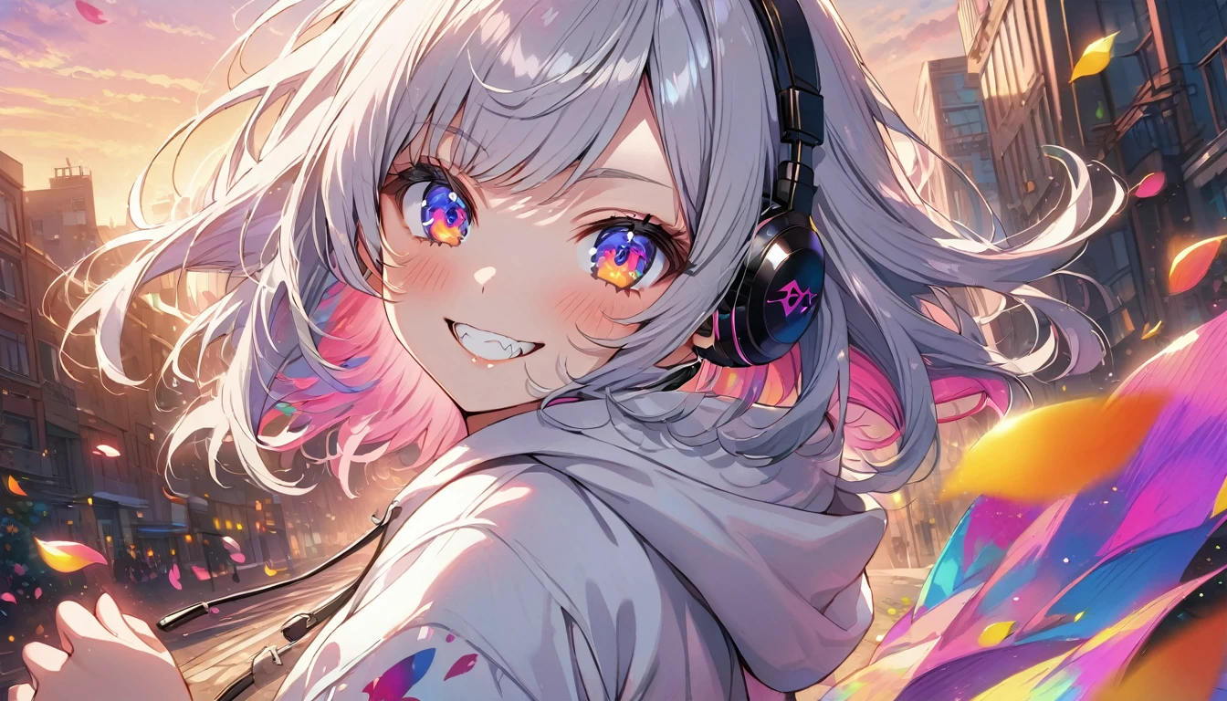 ((Masterpiece)), ((best quality)), (Anime:1.3), (super detail:1.2), (High Definition:1.3), (Professional Photography:1.3),cute young Girl, Glossy unruly hair, (loose swept bangs), (silver ash hair), medium hair, big eyes, (Eye bags:1.3), (Long eyelashes), colorful eyes, (evil smile and blush), Glossy lips, (jagged teeth), ((white hoodie with oversized)), barearms, cute, (Pocket in hands), (colorful:1.3), gothic makeup, (running around the City), colorful petals dance around her, beautiful sunset, wearing headphones,