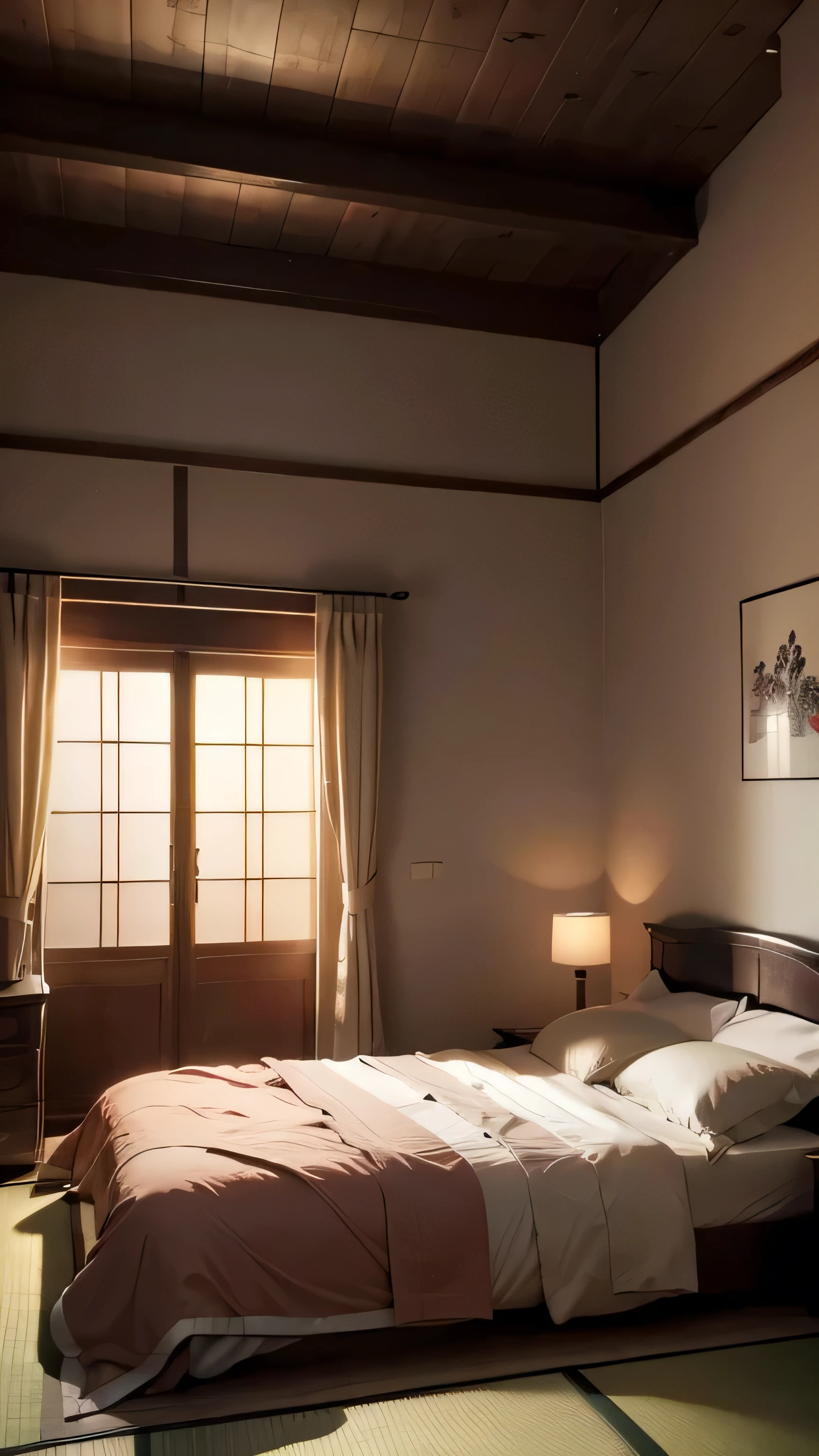 (8k, best quality, masterpiece:1.2), (realistic, photo-realistic:1.37), ultra-detailed,japanese bedroom,no character, bed side view,night,indoor,