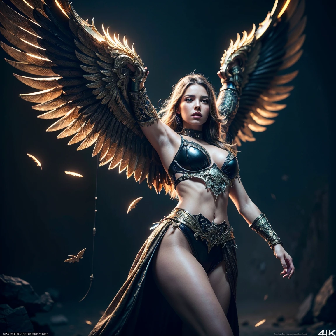 a fierce angelic warrior, ornate armored wings, intricate details, cinematic lighting, dramatic pose, glowing energy field, cinematic fantasy art, epic scene, vibrant colors, digital painting, (best quality,4k,8k,highres,masterpiece:1.2),ultra-detailed,(realistic,photorealistic,photo-realistic:1.37),professional, studio lighting, physically-based rendering, extreme detail description