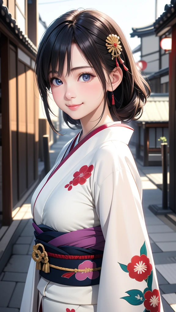 Professional Lighting,(Realistic:1.4), (Top image quality:1.0), (超High resolution:1.0), 8K, Raw photography, (masterpiece:0.2), (Dealing with the Children_v1:0.5)、(最高quality Detail:1.2)、Realistic、8K Ultra HD、High resolution、(1 Girl:1.2)、超detailedな、High quality textures、複雑なdetailed、detailed、Very detailed CG、High quality shadows、detailed 美しく繊細な顔、Beautiful details and a delicate eye、(Symmetrical eyes:1.2),Written boundary depth、Ray Tracing,1 Girl, Japanese Girls, (Natural smile:1.4),cute, thin, Portrait of a beautiful Japanese woman in a kimono, Standing elegantly on a street corner in Kyoto. Kimono with vibrant traditional patterns, Hair decorated with elegant and delicate hairpins, Gentle expression. (With the old streets of Kyoto in the background:1.4)、The soft light of a spring afternoon、Adding tranquility to the scene. Rendered in a Realistic style with great attention to detail, High resolutionの画像.Sky Porn, Magic Hour, (Realistic:1.3), finely, quality, (Tabletop:1.2), (Realistic:1.2), (最高quality), (複雑なdetailed), dramatic, Ray Tracing, photograph, +roller