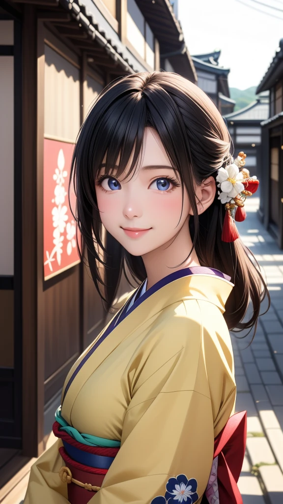 Professional Lighting,(Realistic:1.4), (Top image quality:1.0), (超High resolution:1.0), 8K, Raw photography, (masterpiece:0.2), (Dealing with the Children_v1:0.5)、(最高quality Detail:1.2)、Realistic、8K Ultra HD、High resolution、(1 Girl:1.2)、超detailedな、High quality textures、複雑なdetailed、detailed、Very detailed CG、High quality shadows、detailed 美しく繊細な顔、Beautiful details and a delicate eye、(Symmetrical eyes:1.2),Written boundary depth、Ray Tracing,1 Girl, Japanese Girls, (Natural smile:1.4),cute, thin, Portrait of a beautiful Japanese woman in a kimono, Standing elegantly on a street corner in Kyoto. Kimono with vibrant traditional patterns, Hair decorated with elegant and delicate hairpins, Gentle expression. (With the old streets of Kyoto in the background:1.4)、The soft light of a spring afternoon、Adding tranquility to the scene. Rendered in a Realistic style with great attention to detail, High resolutionの画像.Sky Porn, Magic Hour, (Realistic:1.3), finely, quality, (Tabletop:1.2), (Realistic:1.2), (最高quality), (複雑なdetailed), dramatic, Ray Tracing, photograph, +roller