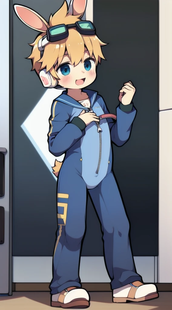 2D Boy Shota，One-piece mountaineering suit，Slim, Put the headphones on your head，stand up，goggles，Rabbit ears，happy，Sailor collar，tie，Zipper pulled down，sports shoes