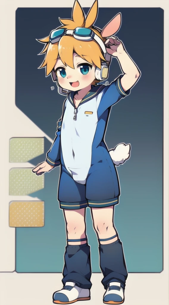 2D Boy Shota，One-piece mountaineering suit，Slim, Put the headphones on your head，stand up，goggles，Rabbit ears，happy，Sailor collar，tie，Zipper pulled down，sports shoes